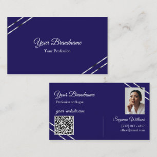 Indigo Blå med Silver Linjer Foto och QR-kod Visitkort
