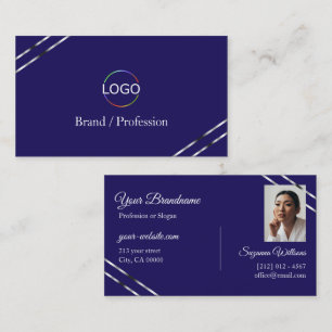 Indigo Blå med Silver Linjer Logo och Foto Visitkort
