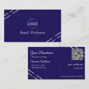 Indigo Blå med Silver Linjer Logo och QR-kod Visitkort