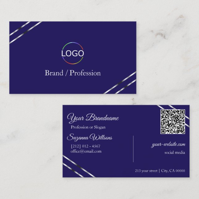 Indigo Blå med Silver Linjer Logo och QR-kod Visitkort (Fram/baksida)