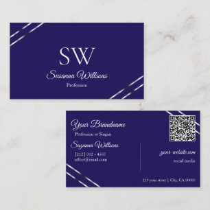 Indigo Blå med Silverlinjer Monogram och QR-kod Visitkort
