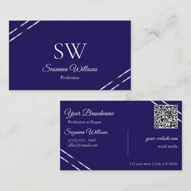 Indigo Blå med Silverlinjer Monogram och QR-kod Visitkort (Fram/baksida)