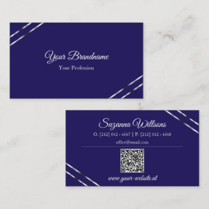 Indigo Blå med Silverlinjer och QR-kod Elegant Visitkort