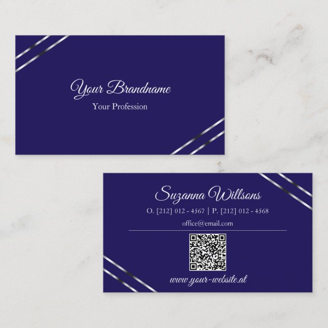 Indigo Blå med Silverlinjer och QR-kod Elegant Visitkort (Fram/baksida)