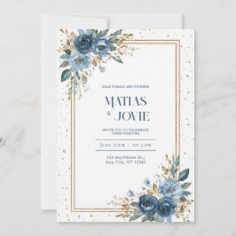 Indigo Blå Rosa Guld Glitter Vattenfärg Blommig Inbjudningar