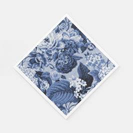 Indigo Blå Vintage Blommor Dahlias Hydrangeor Pappersservett