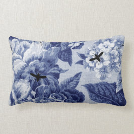 Indigo Blå Vintage Botanisk & Insekter Blommig Toi Lumbarkudde