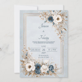 Indigo Blå Vit Guld Blommig Vinter Elegant Inbjudningar