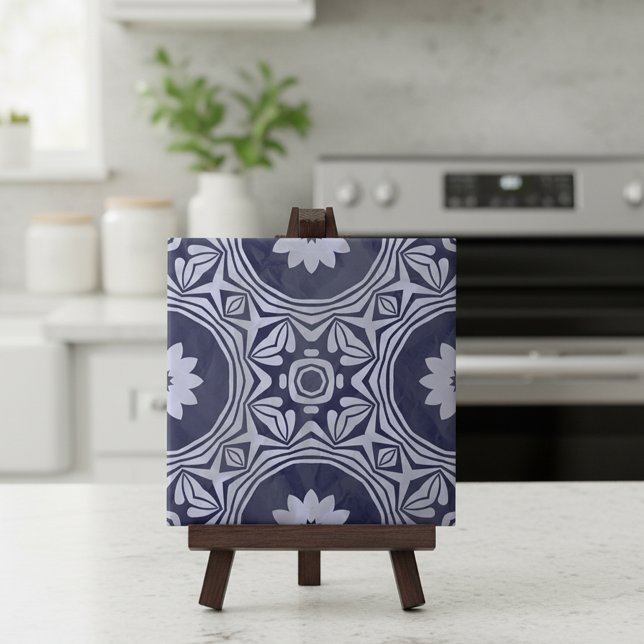 Indigo Blå Vit Mandala Blommig Marockansk Azulejo Kakelplatta (Skapare uppladdad)