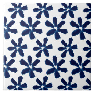 Indigo Blå Vitt Vattenfärg Blommönster Kakelplatta