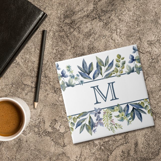 Indigo Blåa Blad Kant Monogram Kakelplatta (Skapare uppladdad)