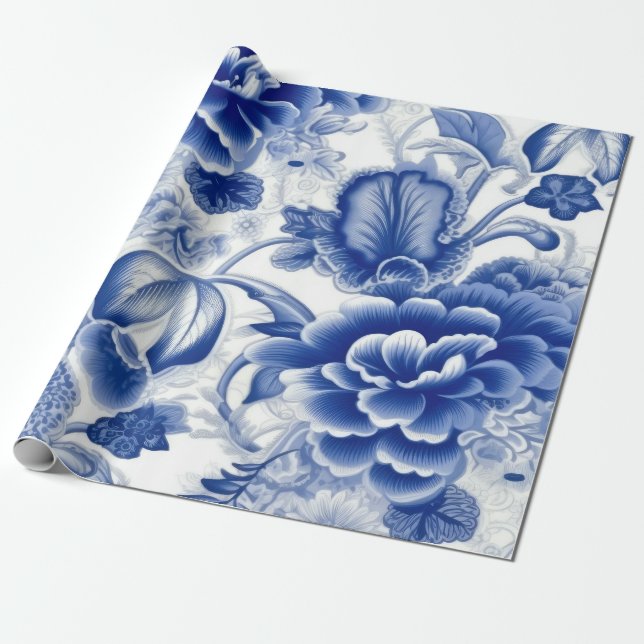 Indigo Blåa blommor Presentpapper (Utrullad)