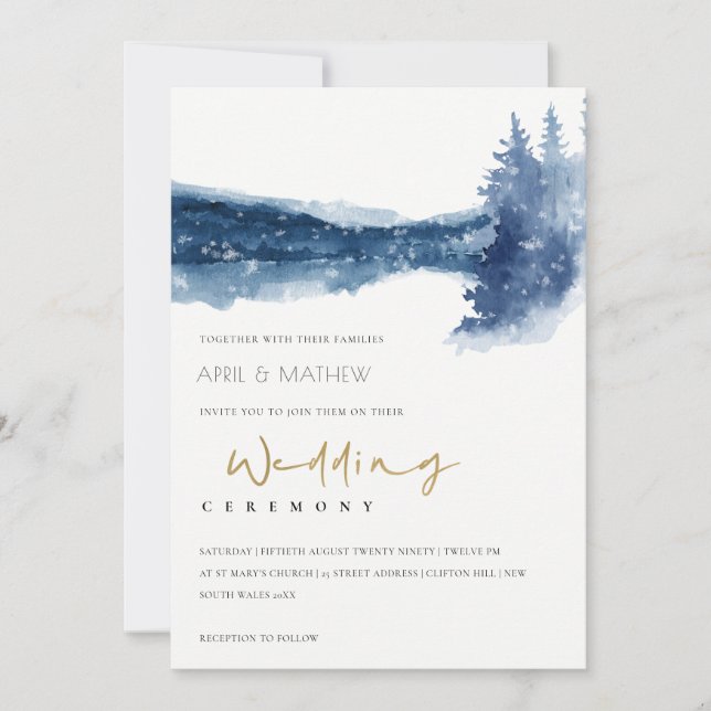 INDIGO BLÄCK BLUE MOUNTAIN SJÖ SNÖ WEDDING INVITE TACK KORT (Framsida)