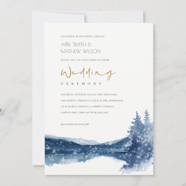 INDIGO BLÄCK BLUE MOUNTAIN SJÖ SNÖ WEDDING INVITE TACK KORT (Framsida)