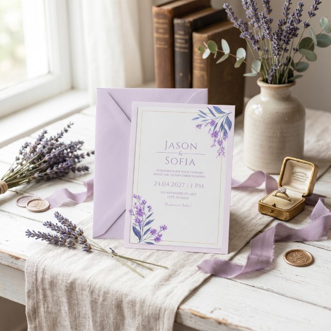 Indigo Blad Akvarell Lavendel Guld Ram Bröllop Inbjudningar (Skapare uppladdad)