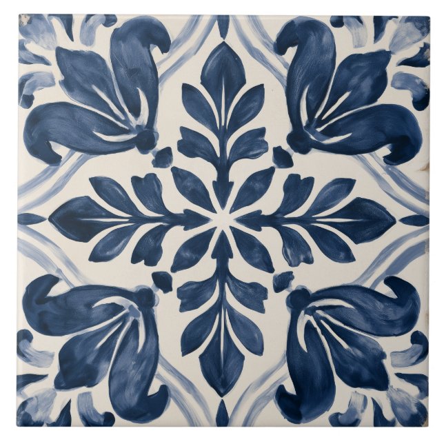 Indigo Bladrik Folklig Blomma Kakelplatta (Framsidan)