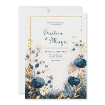 Indigo Blått Vattenfärg Guld Blommig Elegant Bröll