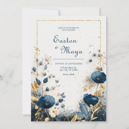 Indigo Blått Vattenfärg Guld Blommig Elegant Bröll Inbjudningar