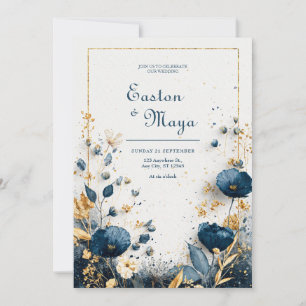 Indigo Blått Vattenfärg Guld Blommig Elegant Bröll Inbjudningar
