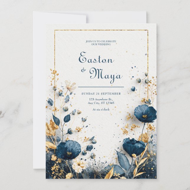 Indigo Blått Vattenfärg Guld Blommig Elegant Bröll Inbjudningar (Framsida)