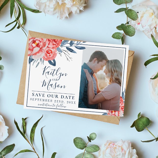 Indigo Bliss Watercolor Löv Blommigt Grenar Stems Spara Datumet (Skapare uppladdad)