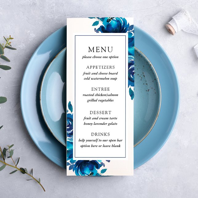 Indigo Blommig Bröllopsmeny Reklamkort (Skapare uppladdad)