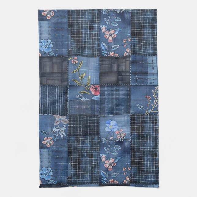 Indigo Blommig Lapptekniksmönster | Boho Denim Kökshandduk (Vertikal)