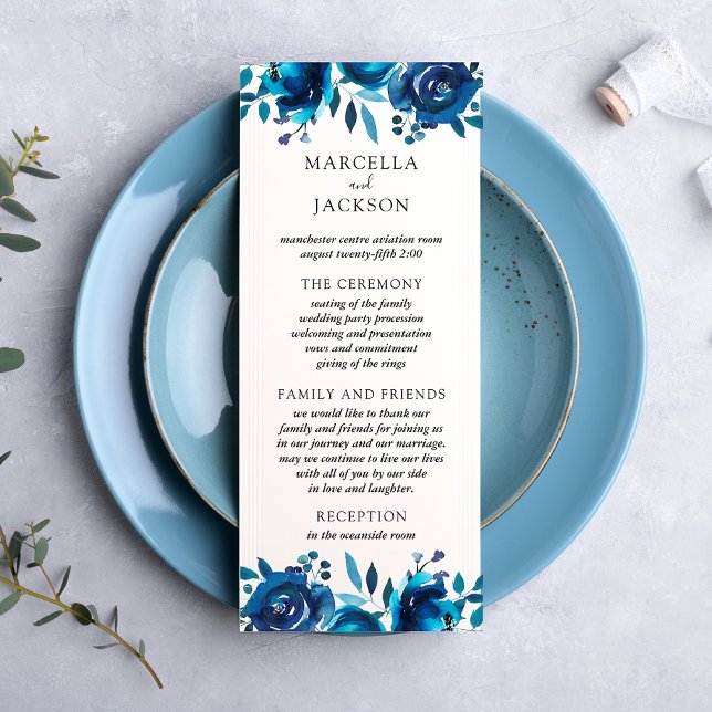 Indigo Blommigt Bröllopsprogram Card Reklamkort (Skapare uppladdad)