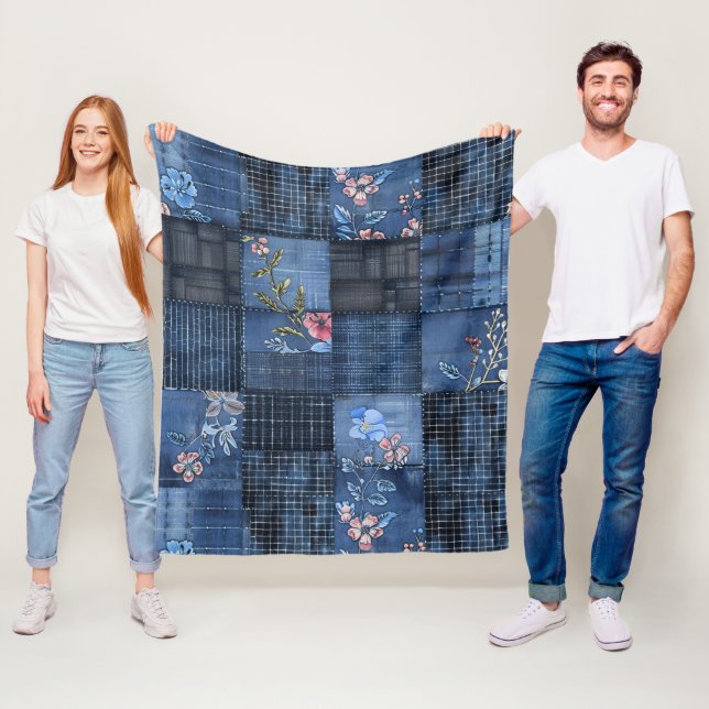 Indigo Blommigt Patchwork Mönster | Boho Denim Fleecefilt (På plats)