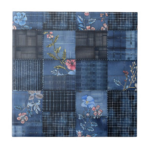 Indigo Blommigt Patchwork Mönster Boho Denim Kakelplatta