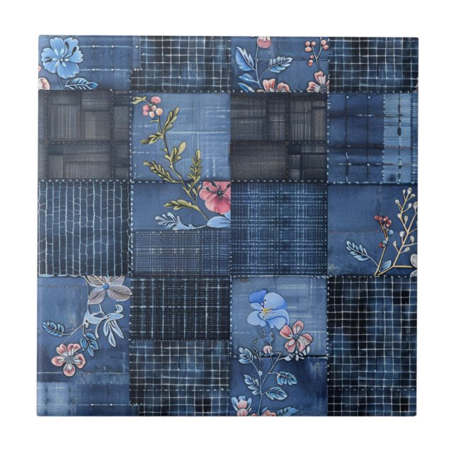 Indigo Blommigt Patchwork Mönster | Boho Denim Kakelplatta (Framsidan)