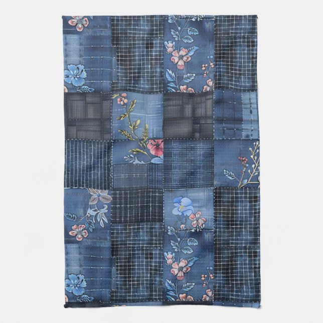 Indigo Blommigt Patchwork Mönster | Boho Denim Kökshandduk (Vertikal)