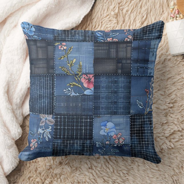 Indigo Blommigt Patchwork Mönster | Boho Denim Kudde (Filt)
