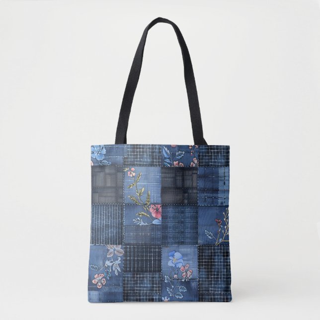 Indigo Blommigt Patchwork Mönster | Boho Denim Tygkasse (Framsida)