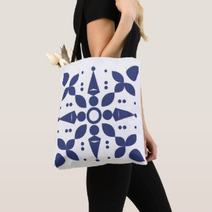 Indigo Bloom Symmetrical Tile Tote Bag Tygkasse