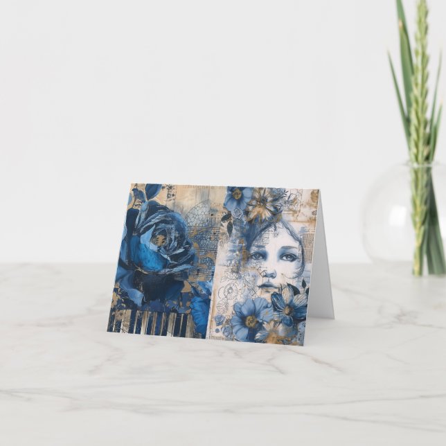 Indigo Blue Abstrakt Art Collage Blank Note Card Helgkort (Framsida)