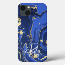 Indigo Blue Agate Marble Abstrakt Namn Monogram