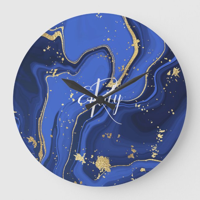 Indigo Blue Agate Marble Abstrakt Namn Monogram Stor Klocka (Framsida)