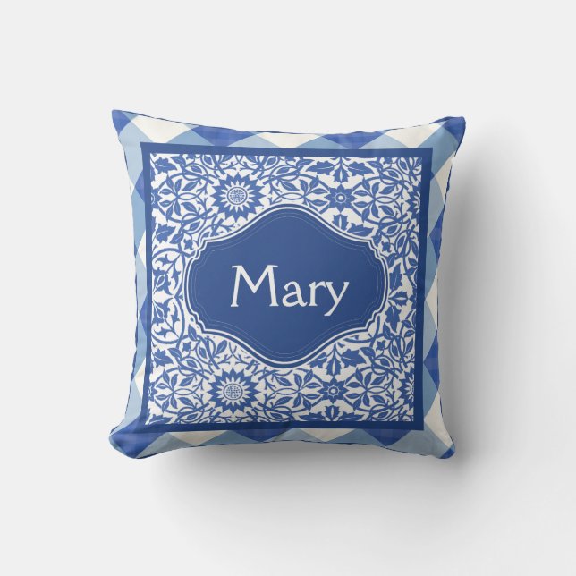 Indigo Blue and White Monogram Pillow Kudde (Framsida)