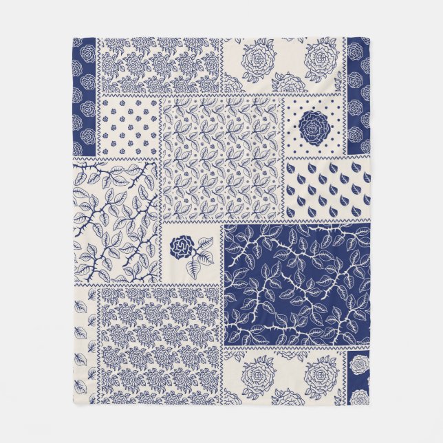 Indigo Blue Beige Blommigt Patchwork Fleecefilt (Framsidan)