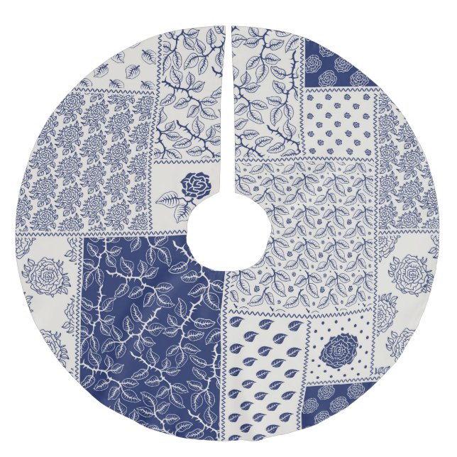 Indigo Blue Beige Blommigt Patchwork Julgransmatta Borstad Polyester (Framsidan)