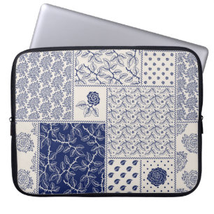 Indigo Blue Beige Blommigt Patchwork Laptop Fodral
