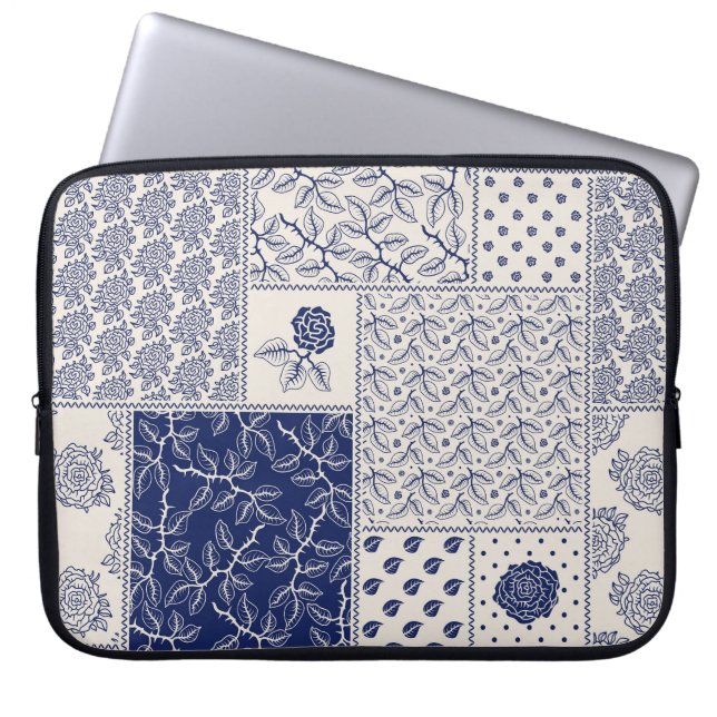 Indigo Blue Beige Blommigt Patchwork Laptop Fodral (Framsidan)