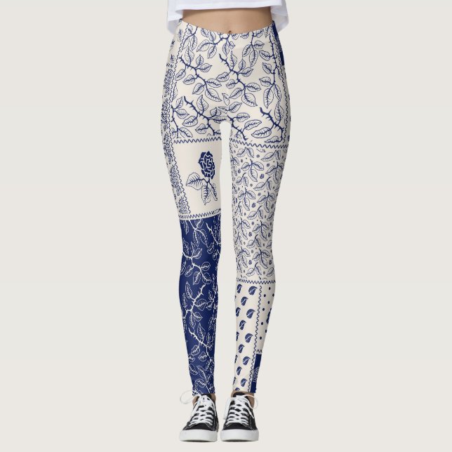 Indigo Blue Beige Blommigt Patchwork Leggings (Framsida)