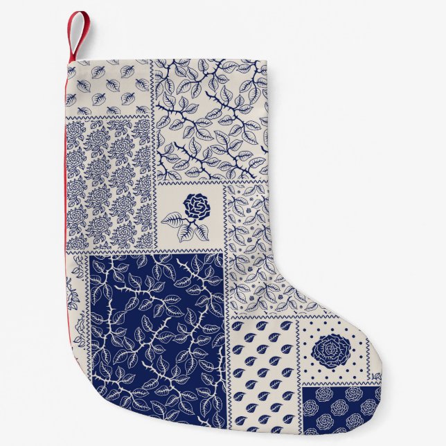 Indigo Blue Beige Blommigt Patchwork Liten Julstrumpa (Framsidan)