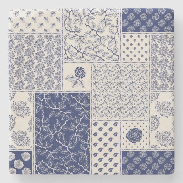 Indigo Blue Beige Blommigt Patchwork Stenunderlägg (Framsidan)