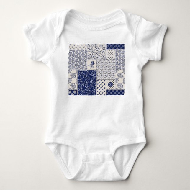Indigo Blue Beige Blommigt Patchwork T Shirt (Framsida)