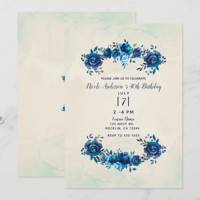 Indigo Blue Beige Watercolor Flowers Birthday Inbjudningar (Fram/baksida)