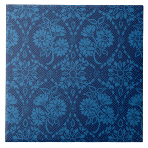 Indigo Blue Blommigt Faux Snöre Mönster Kakelplatta