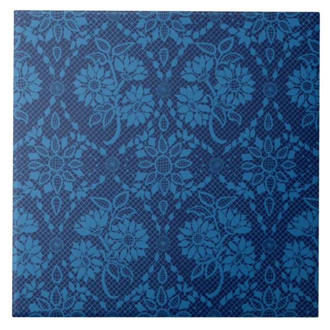 Indigo Blue Blommigt Faux Snöre Mönster Kakelplatta (Framsidan)